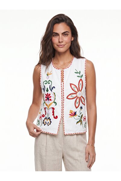 ONLOOX White Red Cotton Blend Fabric Lined Embroidered Comfortable Cut Vest