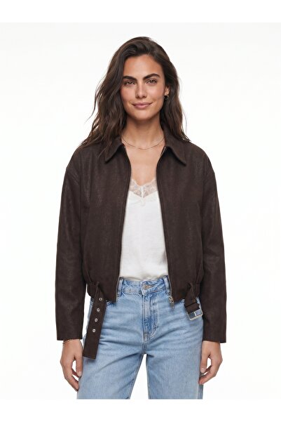 ONLOOX Brown Denim Cotton Shirt Collar Oversized Zippered Bomber Jacket with ...