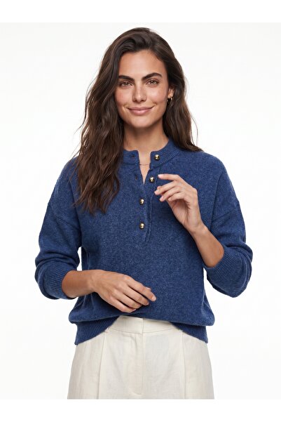 ONLOOX Indigo Soft Textured Crew Neck Regular Cut Four Button Functional Knit...