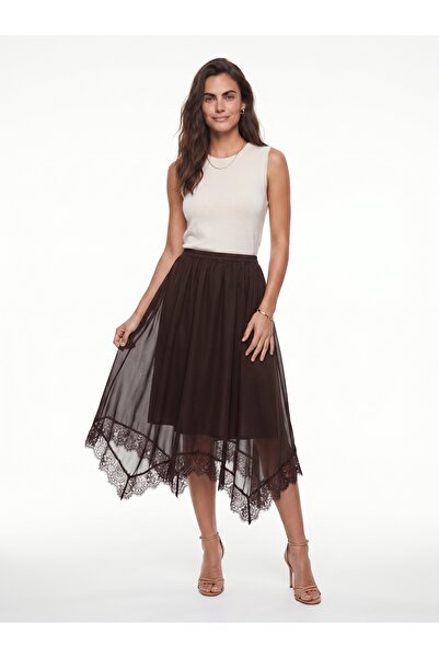 ONLOOX Bitter Brown Chiffon Fabric Asymmetrical Cut Skirt with Elastic Waist ...