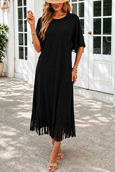 Beruflic Women's Short Sleeve Crew Neck Tassel Zigzag Patterned Midi Viscose ...