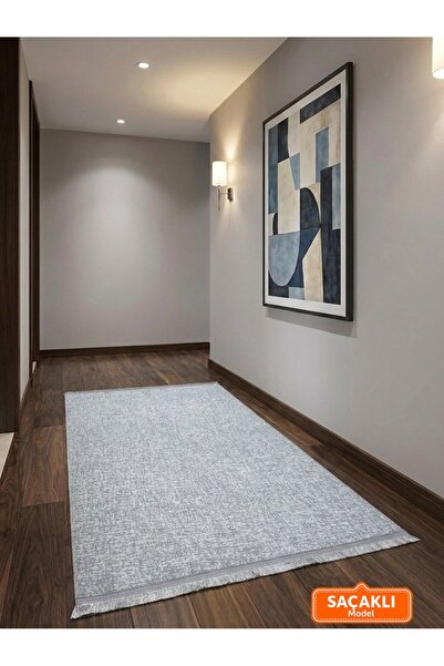 NaRStore Home Düz Desen Gri Saçaklı Yıkanabilir Kaymaz Taban Kesme Halı Yolluk