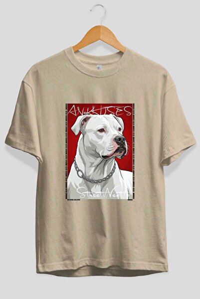 Ankhises For the Love of Dogs 41 Front Dog Print Beige Oversize T-Shirt 100% ...