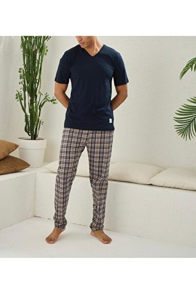KLY Short Sleeve V-Neck Bottom Plaid Detail Men's Summer Pajama Set