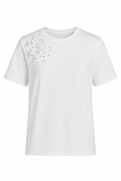 HAZELANNA Çiçekli Taşlı Beyaz Tshirt