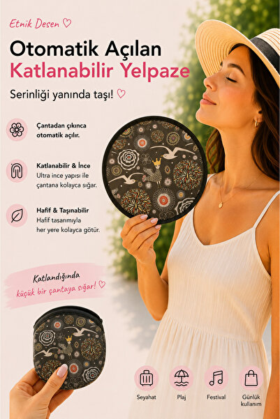 Martı Desenli Otomatik Açılan Katlanabilir Yuvarlak Yelpaze – Çantalı Taşınabilir Mini Yelpaze