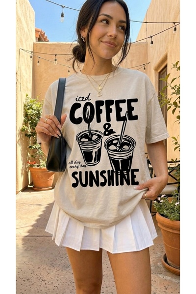 EFFRENATU Ženska široka bela majica sa printom "Iced Coffee & Sunshine", 100%...