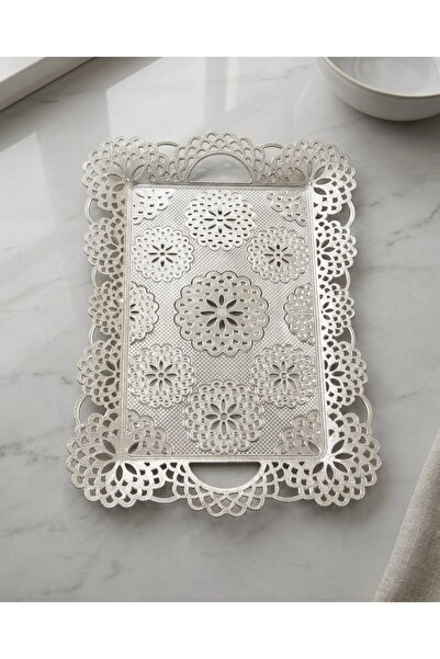 FAIR HOME Lace Medium Size Silver Color Metal Rectangular Tray