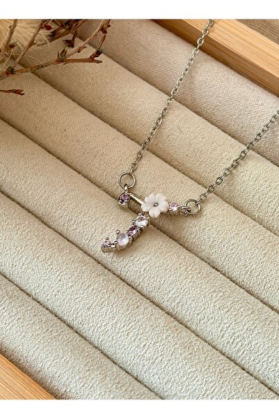 Tiştok accessory Çelik Zincir Gümüş Renk Çiçekli Mineli Harfi Vintage Kolye- ...