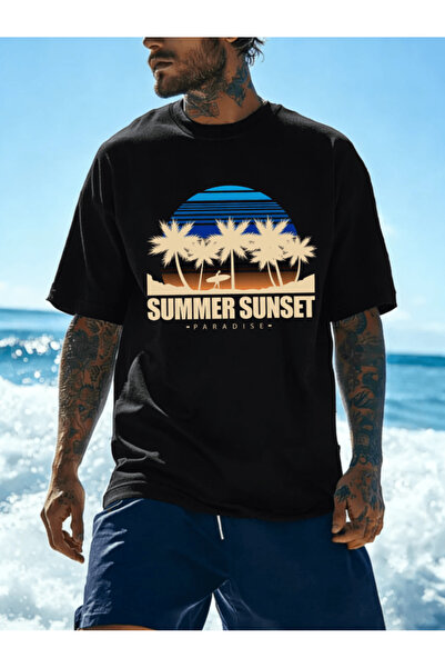 one button Tricou supradimensionat premium cu imprimeu Bay Summer Sunset Para...