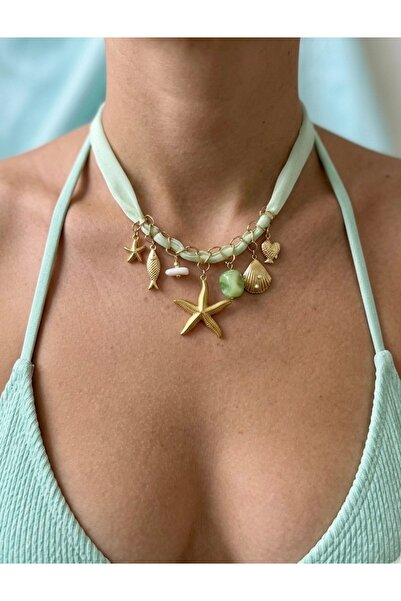 Vintage Takıhane Deniz Yıldızı ve Balık Figürlü Yeşil Choker Kolye Yaz Kolyes...