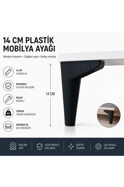 ENG AHŞAP 14 cm Siyah Sert Plastik Mobilya Ayağı – Koltuk, Baza, Dolap ve Seh...