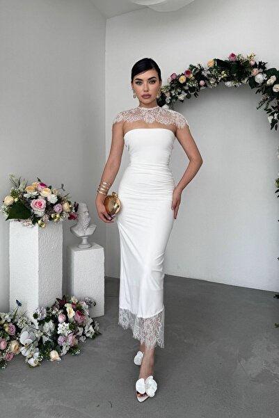 Caddebostan Moda Strapless Midi Dress with Lace Detail and Shoulder Cape, Eve...