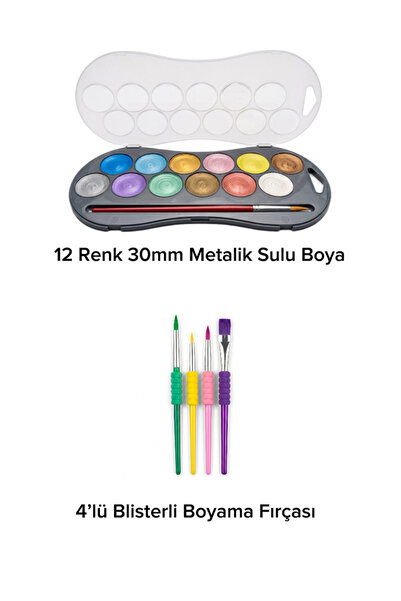 The Monarch Co Metalik Sulu Boya Seti 12'li 30mm + 4'lü Kalın Sünger Saplı Er...