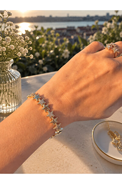 JEWELERY Gold Zirkon Taşlı Yıldız Günlük Kullanıma Uygun Pirinç Bileklik