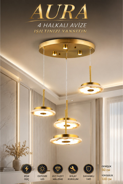 Elvora Home Modern (PREMİUM) Gold LED Sarkıt Avize 4 Halkalı Modern Dekoratif...