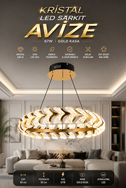 Elvora Home Modern (PREMİUM) Kristal LED Avize Gold Kasalı Dekoratif Sarkıt A...