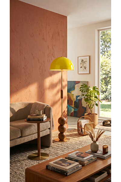 Vinner Sarı Lambader Retro Tasarım Ahşap Detaylı Metal Gövdeli Modern Dekorat...