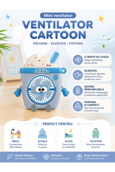 SUPERMEMO Mini Ventilator Cartoon Cool™ – Ventilator Portabil Reîncărcabil pe...