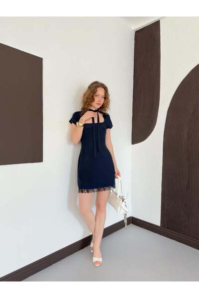 CKM MODA Kimes Lace Detailed Dress Navy Blue