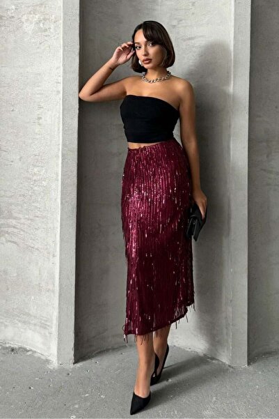 CKM MODA Ted Sequin Skirt Black-Burgundy