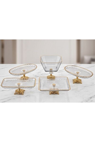ASSA BAZAAR Premium Crystal Cut Look Gold Footed 5-Piece Presentation and Cat...