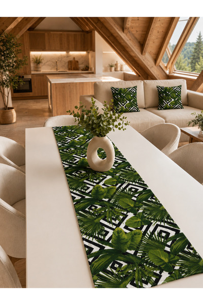 linea natura home Runner Yaprak Desenli ve 2'li Kırlent Takımı | Bohem Tropik...