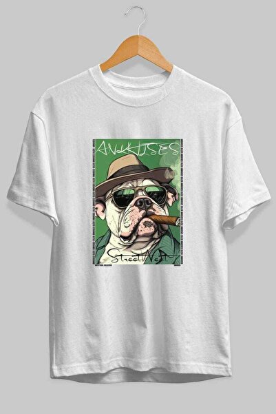 Ankhises For Dog Lovers 67 Front Dog Printed White Oversize T-Shirt 100% Cott...