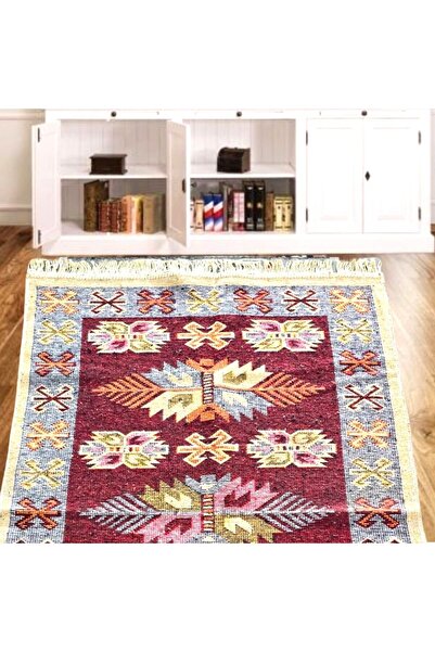 Kotonia Home Covor țesut - Decor tradițional, 80x300 cm, fundal bordo și nuan...