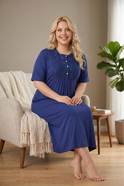 Lohusa Homewear قميص نوم نسائي للموسم الجديد باللون الأزرق الداكن للصيف بأزرا...