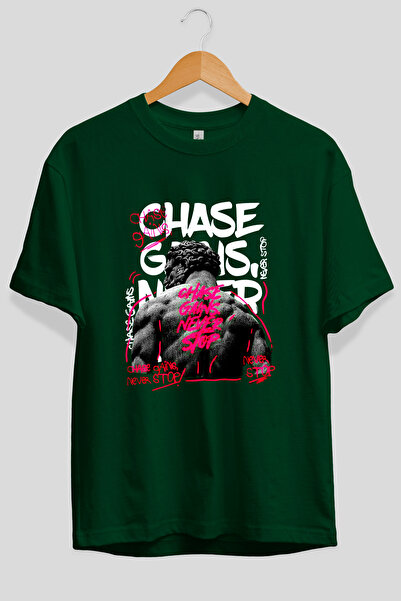 Ankhises Tricou verde cu imprimeu frontal supradimensionat Chase Gains Never ...