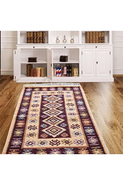 Kotonia Home Covor țesut - Decor tradițional, 80x300 cm, fundal maro și nuanț...
