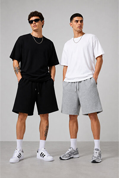 BERYY MODA 2 bucăți pantaloni scurți negru-gri, Bermuda, croială confortabilă...