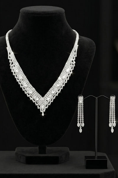 OSMANLI GÜMÜŞ Zirkon Su Yolu Set Rodyum Kaplama Lavonde Model Düğün Seti Nişa...