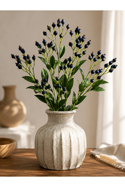 PINALE ART Lüks Tek Dal Yapay Bitki, Mavi Kuşburnu Dalı 48 cm