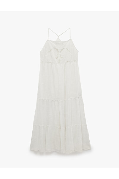 Koton Cotton Layered Scalloped Embroidered Strappy Halter Neck Long Dress