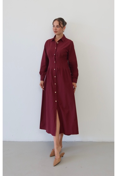 Myra Fashion Korse Detaylı Boydan Düğmeli Gömlek Elbise Midi Boy Uzun Kollu K...