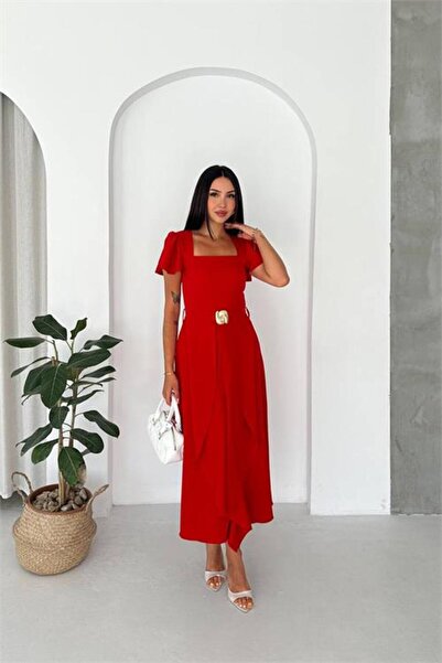 Neşeli Butik Women's Red Flared Sleeve Dress with Gold Buckle Detail and Belt...