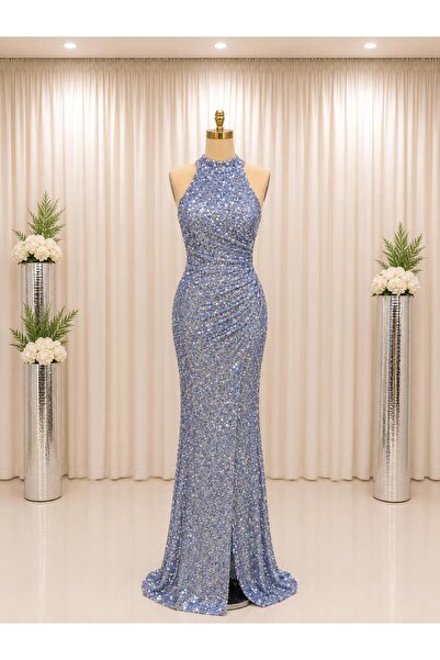 Premium Abiye Halter Yaka Payetli Uzun Abiye