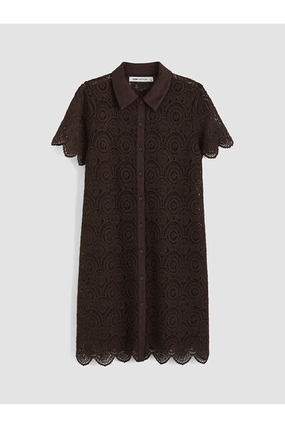 LC Waikiki LCW EVERYDAY Kahverengi Kroşe Dantel Mini Gömlek Elbise