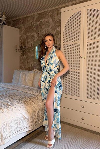 Serica Moda Blue Patterned Tie-Waist Sleeveless Long Dress