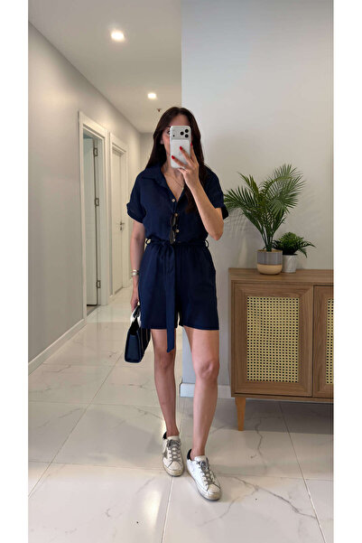 BİRCANÇİL Siltres Navy Blue Short Sleeve Belted Shorts Jumpsuit