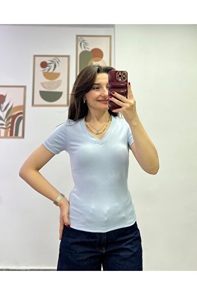 bydenizcollection Short Sleeve V-Neck Cotton Fabric Tshirt
