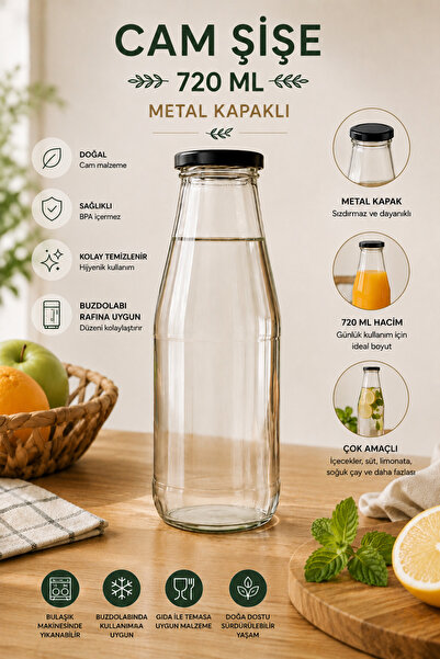 Rotanev 1 Adet 720 ml Siyah Metal Kapaklı Cam Şişe Şeffaf Sürahi Süt, Ayran, ...