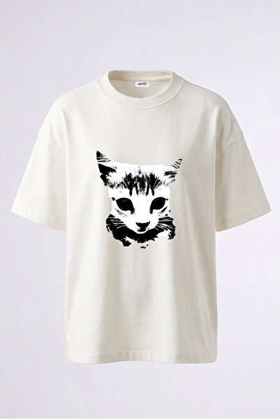 Anetos Tricou oversize alb din bumbac cu imprimeu pe spate cu design pisică a...