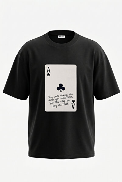 Anetos Tricou oversize negru din bumbac cu imprimeu pe spate Ace of Clubs Design