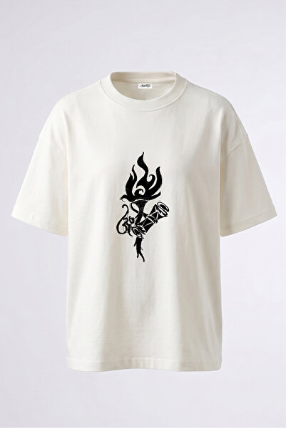 Anetos Tricou oversize alb din bumbac cu imprimeu pe spate Om Flame Trishula ...