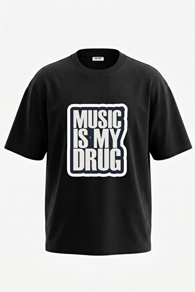 Anetos Tricou oversize negru din bumbac cu imprimeu pe spate cu slogan muzical