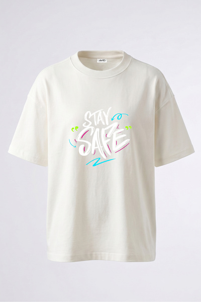 Anetos Stay Safe Graffiti Design Back Printed Cotton White Oversize T-Shirt
