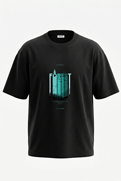 Anetos Tricou oversize negru din bumbac cu imprimeu pe spate Forest Design